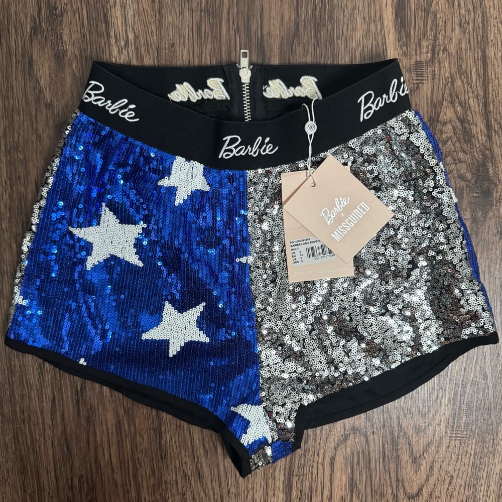 Missguided x Barbie Blue and Silver Star Sequin Shorts Size 2